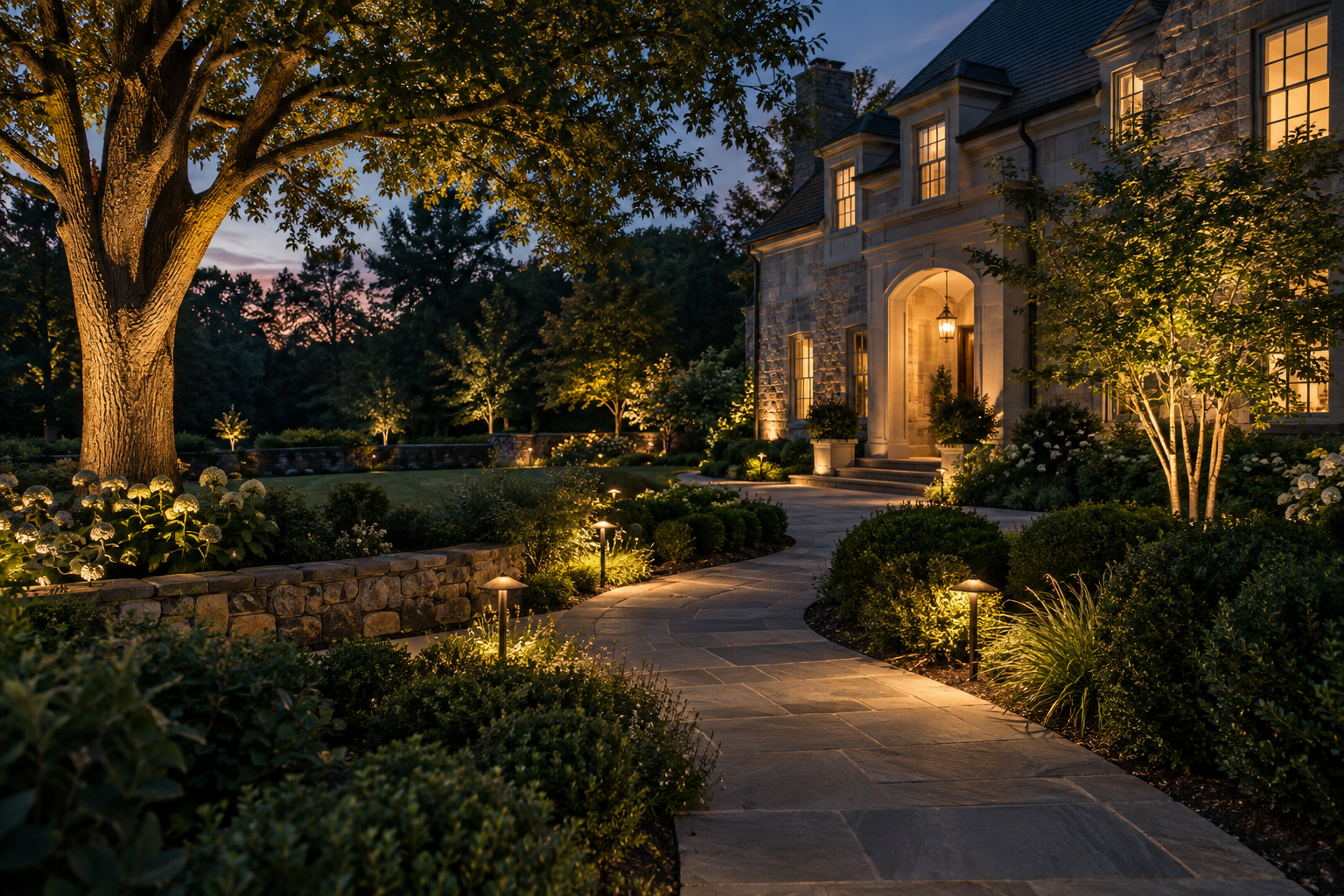 Landscape lighting along a stone path and mature trees